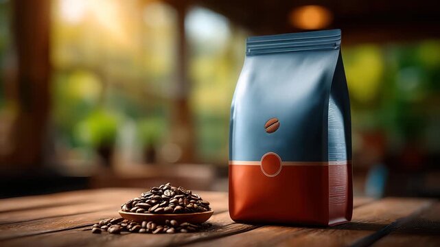 Aromatic coffee beans spilling onto wooden table beside modern product packaging in warm sunlight for your cafe or branding projects