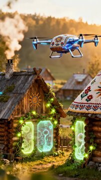 Idyllic Village Scene Transformed by Futuristic Drone and Vibrant Neon Glow