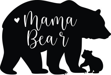 Mama Bear silhouette, bear cub love, wildlife family art, mother protection, animal bond, black vector, cute nature design, parenting icon