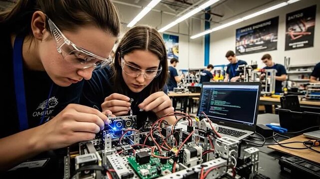 Dedicated young women collaborate on innovative robotics and electronic circuit board assembly in a modern engineering workshop