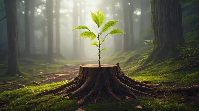 A small sapling growing from an old tree stump in the middle of a misty forest, soft sunlight shining through the fog
