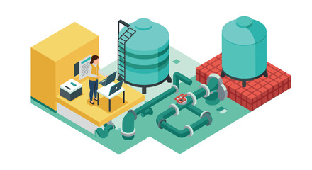 Fototapeta premium Isometric water treatment facility with engineer monitoring pipeline system