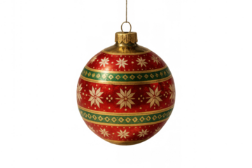 Christmas ornament hanging with red, green, and gold festive design on transparent background