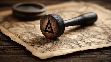 A vintage wooden stamp rests on an old map, suggesting themes of exploration, adventure, or authentication with a triangular emblem.