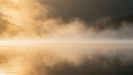 Morning mist rising from a serene lake at sunrise with soft golden light. travel magazines, destination branding, designed for travel destination branding, used by event planners.