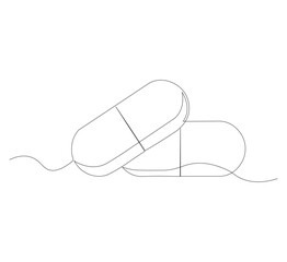 Obraz premium Continuous image of two medicine pills or capsules.white background, Medical drug pharmaceutical care vector illustration.