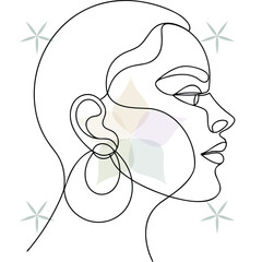 Single line drawing a woman's profile with large hoop earring detailed ear abstract beauty single lineart