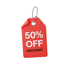 Eye-catching red discount tag offering 50% off, perfect for promotional campaigns and sales events, grab a deal today!