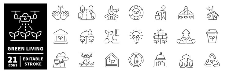 Green living icons set. editable line icons for sustainability and eco-friendly design