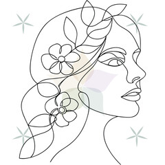 Continuous line art a woman's profile adorned with flowers leaves abstract beauty single lineart