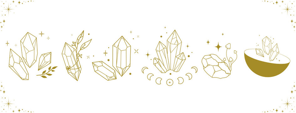 Boho magic crystals set with geometric gemstones, moon phases, stars, and botanical elements in minimal line art, for tattoo, fashion print, tarot decks, wellness branding, packaging. Vector