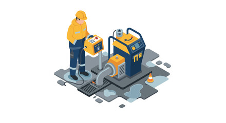 Obraz premium Worker operating industrial pumping equipment on site illustration