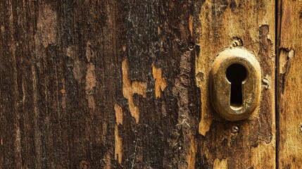 Educational close-up of antique lock, visible rust process and material aging, weathered door and peeling paint details