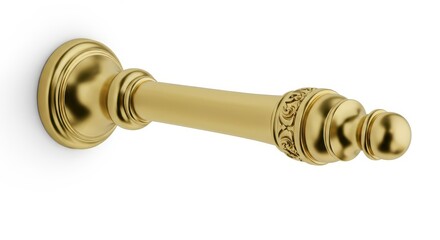 Ornate golden metal fixture mounted against a stark white background shows detailed decorative elements