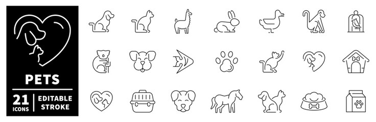 Pets icons set. editable line icons, outline, animal and domestic companion symbols
