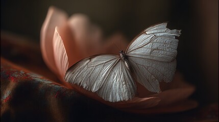 Biological close-up of butterfly wing, damaged scale structure and vein texture, natural light showing anatomical details
