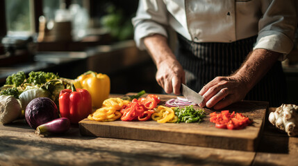 Chef chopping colorful fresh vegetables including peppers, onions, and tomatoes on a wooden cutting board in a bright kitchen with natural light.