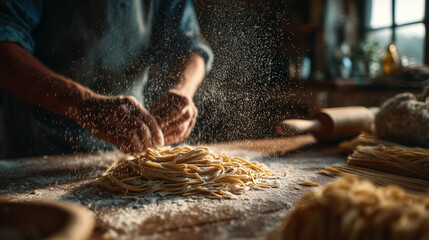 Hands sprinkling flour over pasta dough on a wooden table, golden evening light highlighting texture, movement, and authentic kitchen atmosphere.