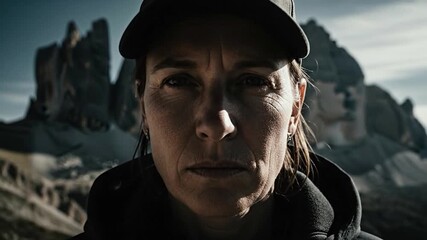 Determined individual in cap against majestic mountain peaks outdoor adventure and nature exploration concept - Powered by Adobe