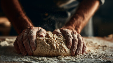 Hands pressing and kneading bread dough on a floured table in soft morning light, creating texture and rustic artisan feel in the kitchen.