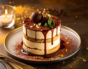 Delicious layered dessert with chocolate spheres and dripping sauce on a plate