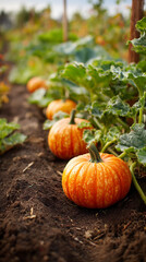 Pumpkins growing in a lush garden during the autumn harvest season