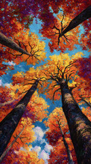 Vibrant autumn canopy view with colorful leaves in the sky