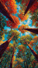 Colorful autumn trees reaching upwards in a serene forest setting
