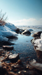 Snowy riverbank scene with rocks and water under clear blue sky
