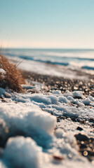 Winter shoreline with snow and gentle waves under a clear blue sky at sunrise
