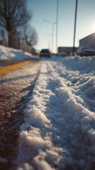 Winter road covered in snow with distant vehicles under the clear sky at sunset