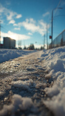 Snow-covered walkway under a bright blue sky during the winter afternoon