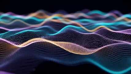 Abstract visualization of undulating waves of colorful particles against a dark background. - Powered by Adobe