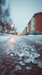 Icy road with glimmering salt and soft evening lights on a chilly winter night