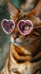 Cool cat wearing heart-shaped sunglasses enjoys sunny day outdoors