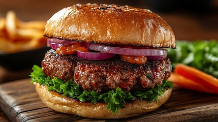 Close-up of juicy hamburger with grilled beef patty, lettuce, red onion and sauce on toasted bun. Delicious gourmet burger concept with rustic background