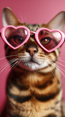 Bengal cat wearing heart-shaped sunglasses poses against a pink backdrop
