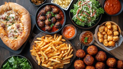 Assorted dishes including baked meatballs in tomato sauce, fries, salad and bread on rustic wooden table. Cozy homemade meal with comfort food variety, sauces and fresh greens