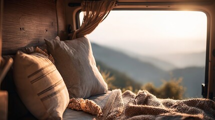Minimalist style van conversion living space, foldable bed and wood elements in morning light showing warm texture
