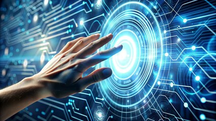 Hand touching glowing blue digital interface with circuit board background image - Powered by Adobe