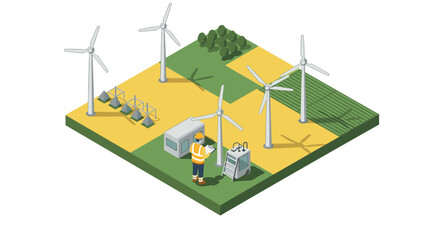 Wind farm energy production in isometric design with engineer and turbines