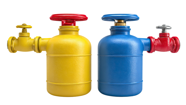 Two brightly colored, cylindrical containers, each with a pipe and valve, stand side-by-side.  One is yellow, the other blue.  The pipes and valves are in a muted reddish-brown color