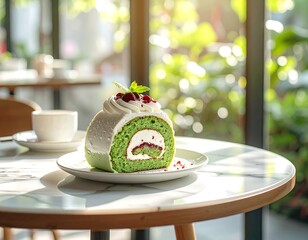 Delicious matcha cake roll with cream and berries on a marble table