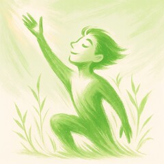 figure in green growth-themed brushstroke drawing
