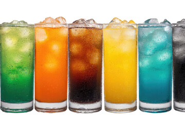 Colorful drinks with ice. Clear glasses filled with various brightly colored drinks, each topped with ice cubes. A row of different-hued beverages, from green to orange, brown, yellow, and blue. 