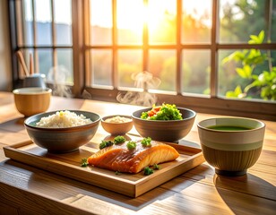 Delicious salmon meal with rice and salad in warm sunlight