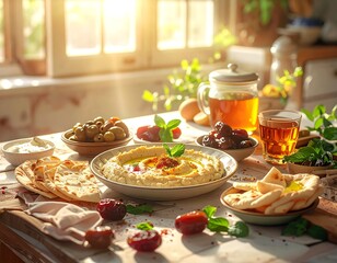 Delicious middle eastern food displayed on table near window