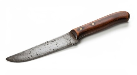 Fototapeta premium Old, well-used utility knife with a dark wooden handle rests on a clean white surface