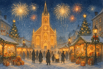 Obraz premium Vintage Christmas Market Square with Illuminated Church and Festive Gathering - Traditional Holiday Town Scene