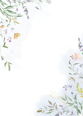 Watercolor floral frame featuring delicate wildflowers and meadow blossoms. Ideal for wedding invitations, greeting cards, packaging, posters.  Hand-painted background. Vector EPS.